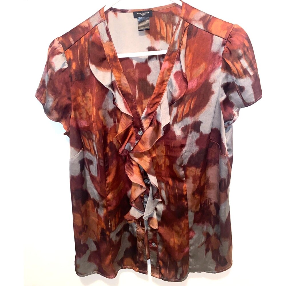 Ann Taylor Floral Ruffle Button Front Top Womens S Short Sleeve boho brown red